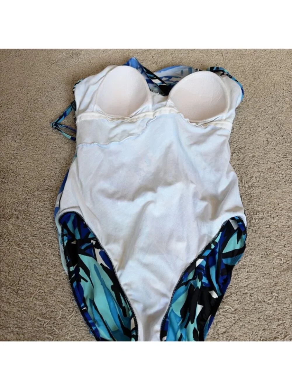 Aqua Green Faux Wrap One Piece Swimsuit Women's L Blue Leaf Print Resort Beach